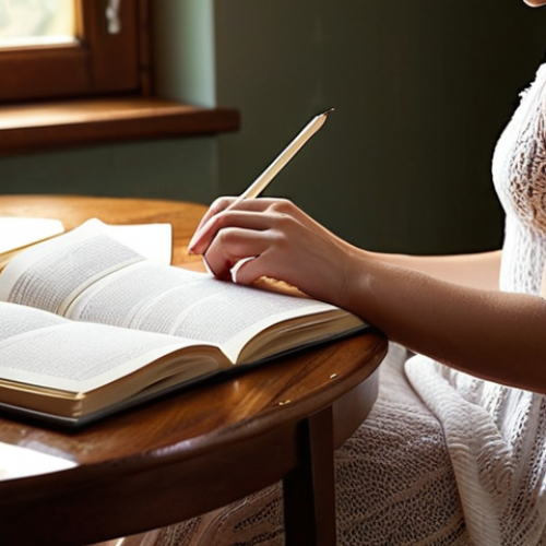 **Prompt 1: The Act of Reflective Reading**
    "A tranquil scene depicting a woman (or person) seated comfortably, perhaps with a warm drink, deeply engrossed in writing personal reflections or notes in a beautiful, open notebook. An open physical book rests nearby on a table or her lap. Soft, inviting lighting emphasizes the intimate and introspective atmosphere, highlighting the connection between reading, writing, and profound self-discovery. Focus on the gentle, deliberate act of putting thoughts to paper, representing the 'reading by writing' concept."