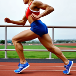 **

A dynamic action shot of a runner with perfect form, showcasing a long stride and powerful arm swing. Focus on the runner's posture (slight forward lean), mid-foot strike, and engaged core. The background should be a blurred running track or scenic path, emphasizing speed and efficiency. The runner's gear is modern and performance-oriented. Subtle motion blur can add to the sense of speed.

**
