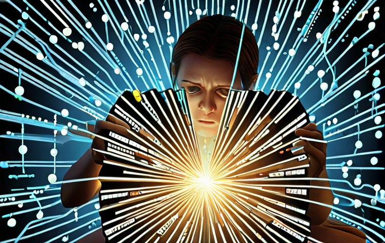 A dynamic scene depicting the transition from information overload to clear understanding. On one side, a person is overwhelmed by a chaotic swarm of floating data points and fragmented text, expressing confusion. On the other side, the same person calmly interacts with knowledge that is organized into an expanding and contracting accordion-like structure, with glowing, interconnected nodes. The background shifts from cluttered to serene. Emphasize clarity, structure, relief, and the power of focused learning. Digital illustration, high detail, vibrant colors, clear concept.