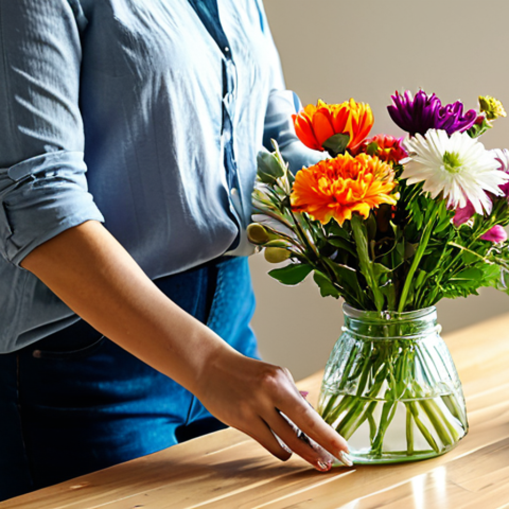 A person (female, 30s) in a comfortable, modest long-sleeved shirt, focused on arranging colorful fresh flowers on a clean wooden table in a bright, sunlit home studio. Various cut flowers, an open DIY flower arrangement kit, and simple tools are neatly organized on the table. The scene conveys a peaceful, creative, and fulfilling atmosphere, with soft natural light illuminating the space. The subject is fully clothed, wearing appropriate attire, with perfect anatomy, correct proportions, and a natural pose. Well-formed hands with proper finger count are visible. This image is safe for work, appropriate content, family-friendly, and captured with professional photography.