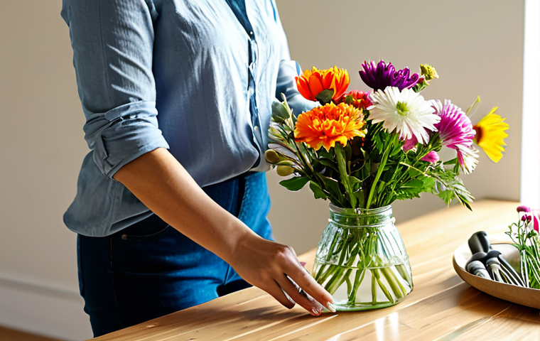 A person (female, 30s) in a comfortable, modest long-sleeved shirt, focused on arranging colorful fresh flowers on a clean wooden table in a bright, sunlit home studio. Various cut flowers, an open DIY flower arrangement kit, and simple tools are neatly organized on the table. The scene conveys a peaceful, creative, and fulfilling atmosphere, with soft natural light illuminating the space. The subject is fully clothed, wearing appropriate attire, with perfect anatomy, correct proportions, and a natural pose. Well-formed hands with proper finger count are visible. This image is safe for work, appropriate content, family-friendly, and captured with professional photography.