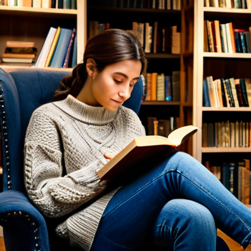 Cozy Reading Nook**
"A woman sits in a comfortable armchair in a quiet reading nook, fully clothed in a modest sweater and jeans, surrounded by bookshelves filled with books, a warm cup of tea on a nearby table, soft lighting, safe for work, appropriate content, perfect anatomy, natural proportions, professional, family-friendly."
**