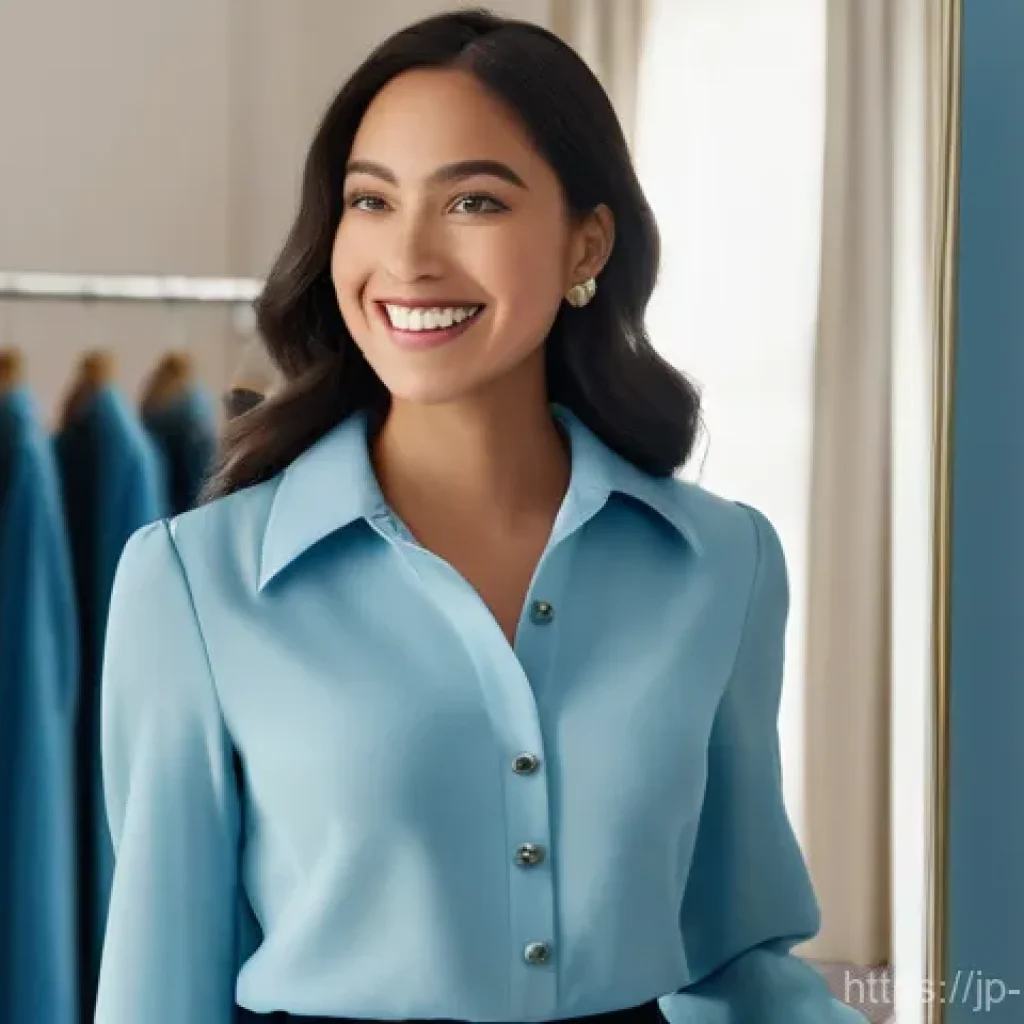 커스터마이징 의류 - **Prompt:** A young woman in her late 20s, with a radiant and confident smile, is admiring herself i...