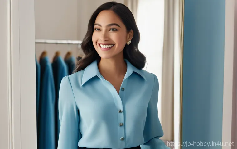 커스터마이징 의류 - **Prompt:** A young woman in her late 20s, with a radiant and confident smile, is admiring herself i...