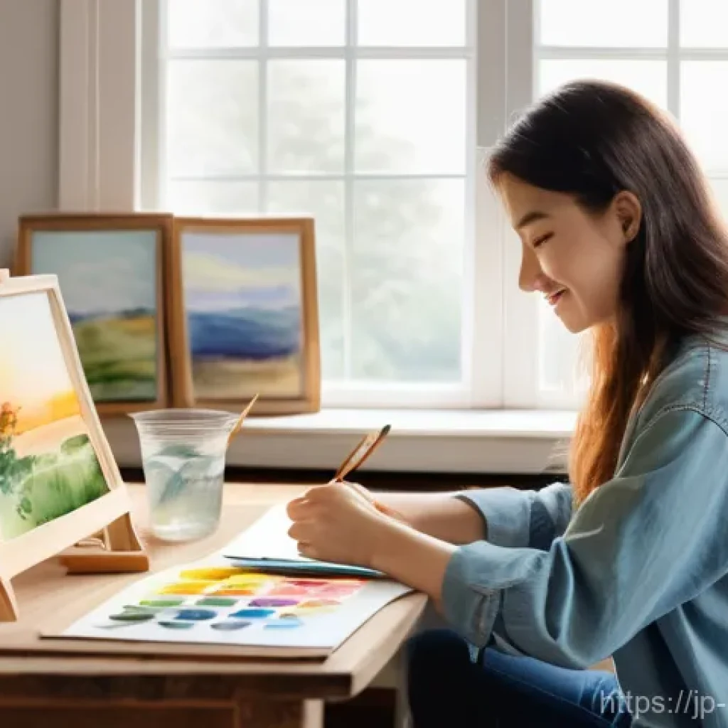 미술 강좌 추천 - **Prompt**: A cozy, well-lit indoor scene featuring a young adult woman, age 20-25, happily engaging...