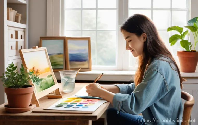 미술 강좌 추천 - **Prompt**: A cozy, well-lit indoor scene featuring a young adult woman, age 20-25, happily engaging...