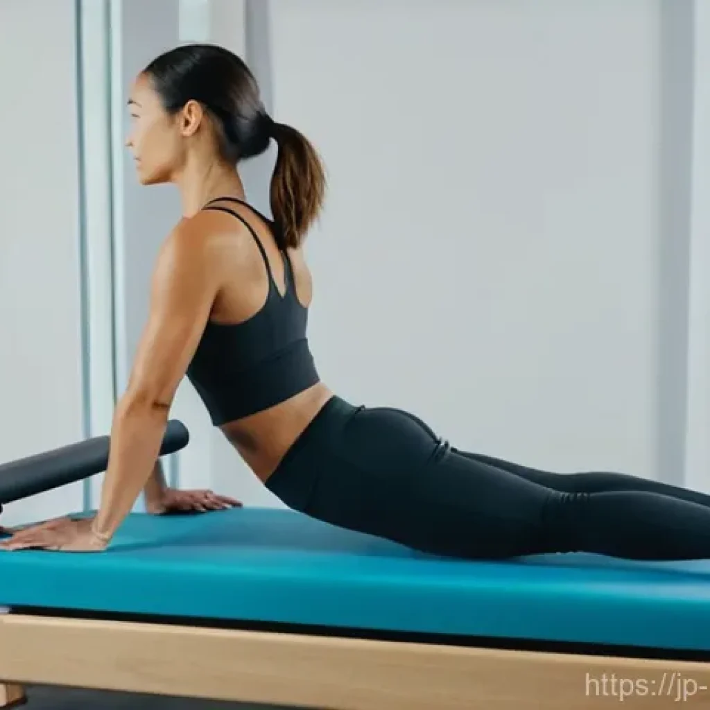 필라테스 기구 사용법 - **Prompt 1: Focused Core Engagement on a Reformer**
A woman in her late 20s to early 30s is perf...