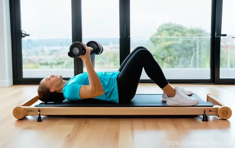 필라테스 기구 사용법 - **Prompt 1: Focused Core Engagement on a Reformer**
    A woman in her late 20s to early 30s is perf...