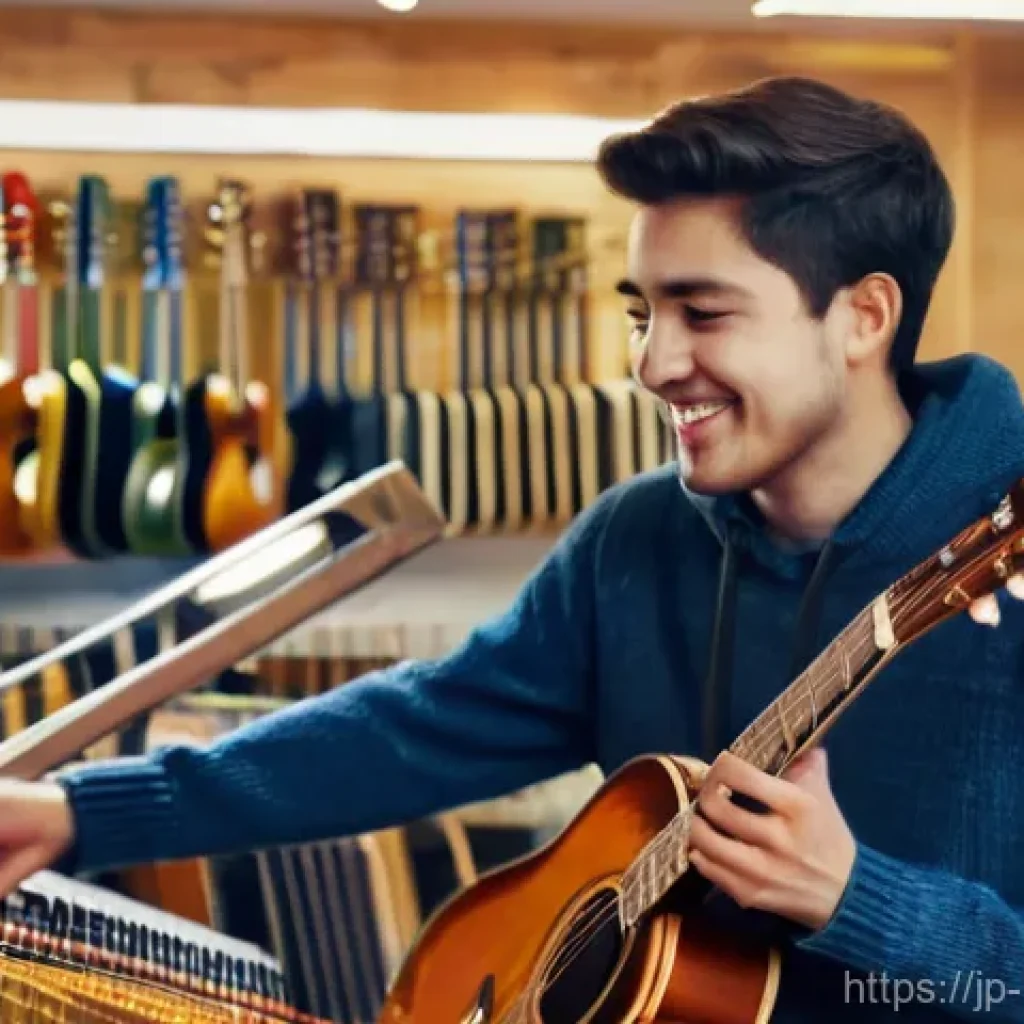 악기 구매 가이드 - **Prompt 1: Excitement of Choosing a First Guitar**
A brightly lit and inviting music store. In ...