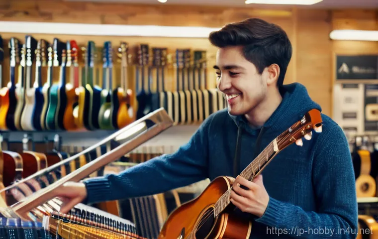 악기 구매 가이드 - **Prompt 1: Excitement of Choosing a First Guitar**
    A brightly lit and inviting music store. In ...