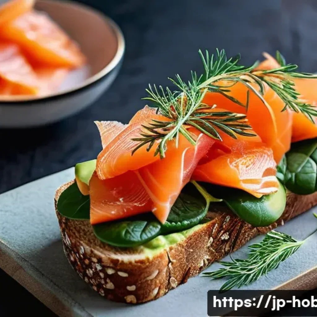 오픈 샌드위치 - **Prompt:** A vibrant and artfully arranged open sandwich, presented like a culinary masterpiece on ...