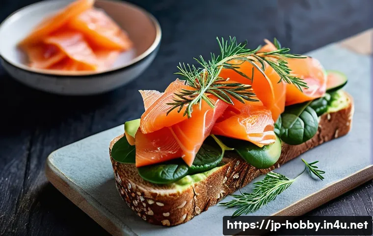 오픈 샌드위치 - **Prompt:** A vibrant and artfully arranged open sandwich, presented like a culinary masterpiece on ...