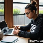 기타 코드 배우기 - **A focused young adult coding at a modern desk.**
    A young adult, gender-neutral, wearing a comf...