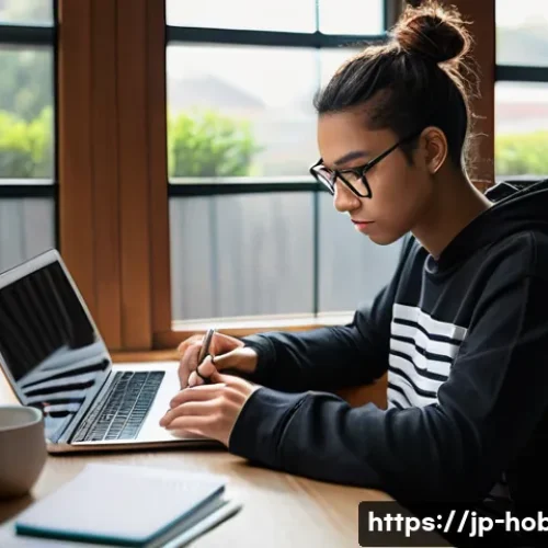 기타 코드 배우기 - **A focused young adult coding at a modern desk.**
    A young adult, gender-neutral, wearing a comf...