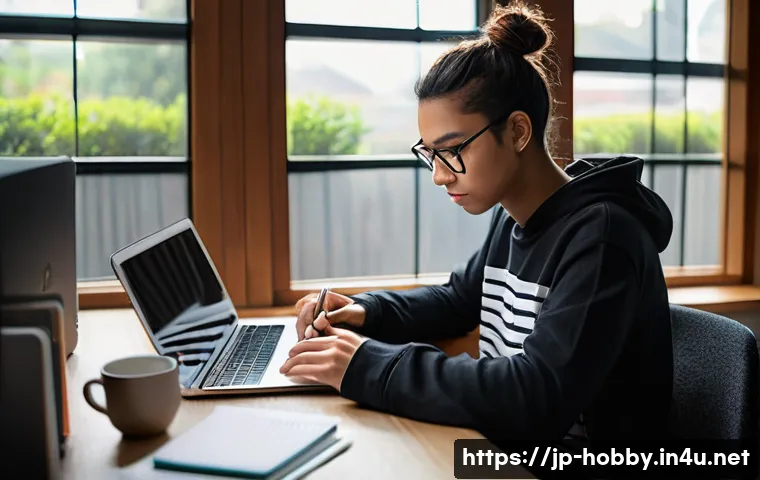 기타 코드 배우기 - **A focused young adult coding at a modern desk.**
    A young adult, gender-neutral, wearing a comf...