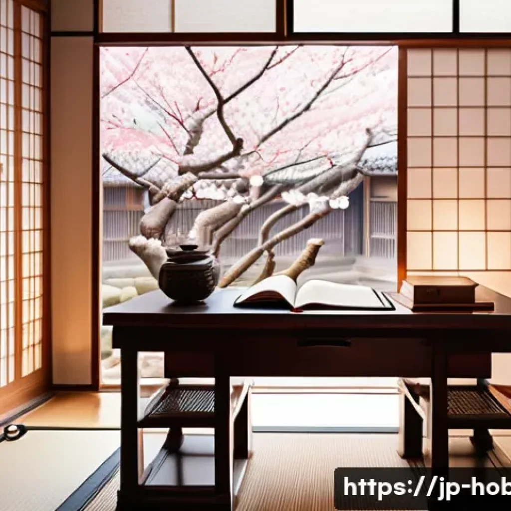 문학 작품 해석 - A detailed and elegant study desk in a cozy Japanese-style room, softly lit by warm natural light fi...