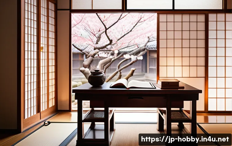 문학 작품 해석 - A detailed and elegant study desk in a cozy Japanese-style room, softly lit by warm natural light fi...
