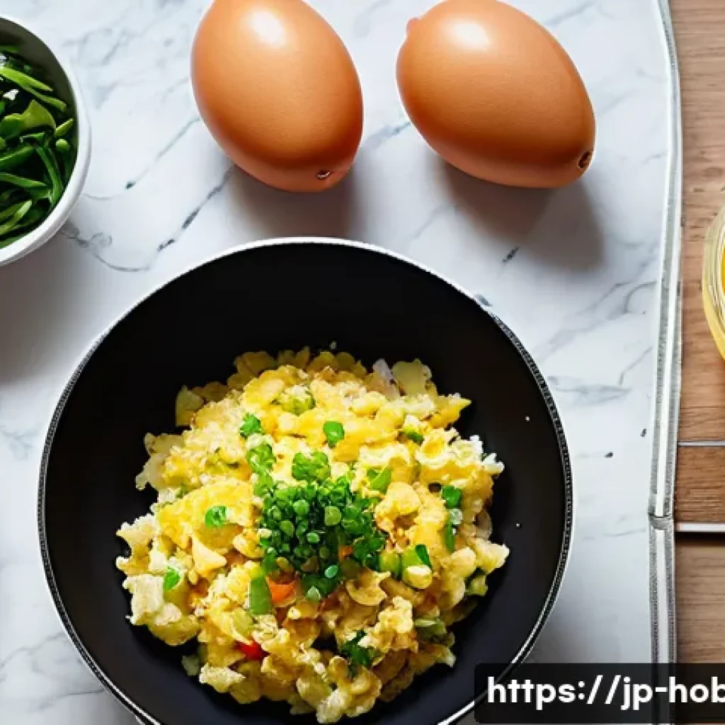 간단한 저녁 요리 레시피 - A cozy Japanese kitchen scene featuring a simple, fluffy scrambled egg dish with finely chopped gree...