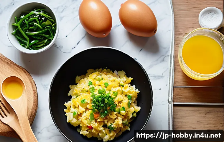 간단한 저녁 요리 레시피 - A cozy Japanese kitchen scene featuring a simple, fluffy scrambled egg dish with finely chopped gree...