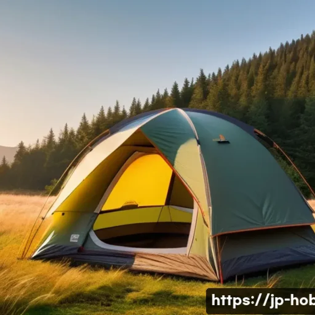 텐트 선택 팁 - A cozy dome-shaped camping tent pitched on a grassy field during golden hour, featuring self-support...