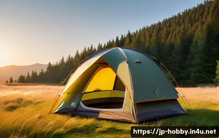 텐트 선택 팁 - A cozy dome-shaped camping tent pitched on a grassy field during golden hour, featuring self-support...