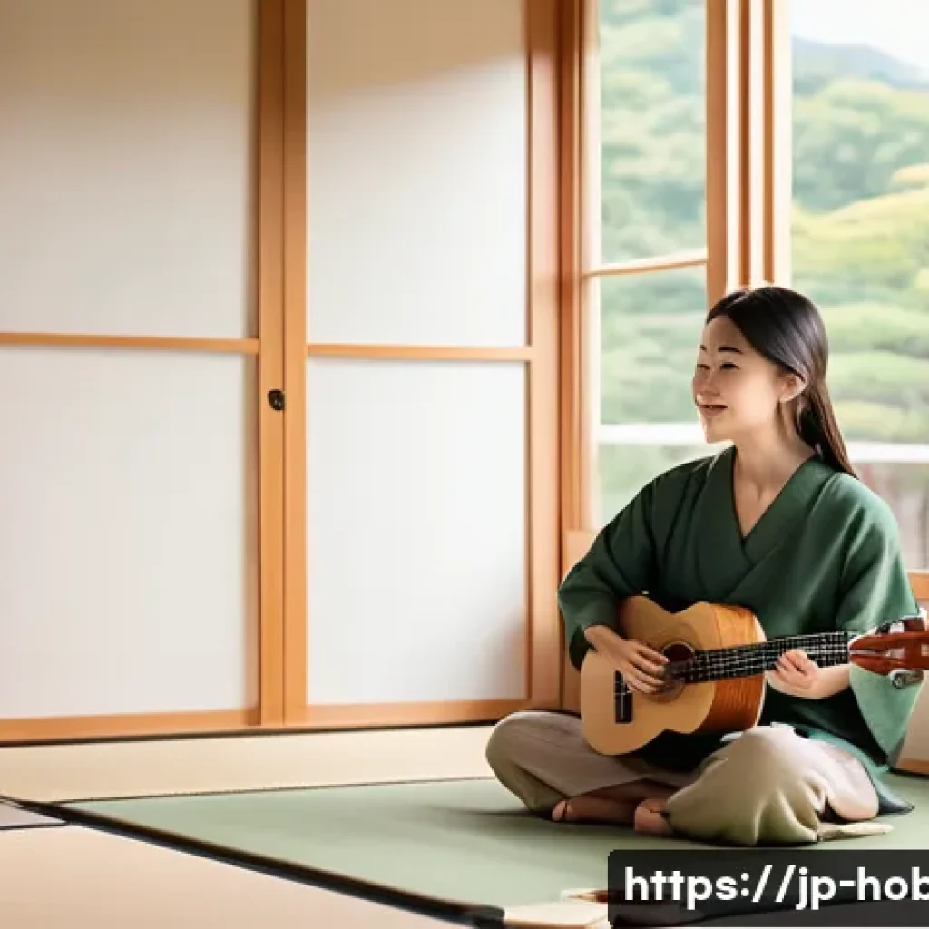악기 취미 - A cozy modern Japanese living room with soft natural light filtering through shoji screens, featurin...