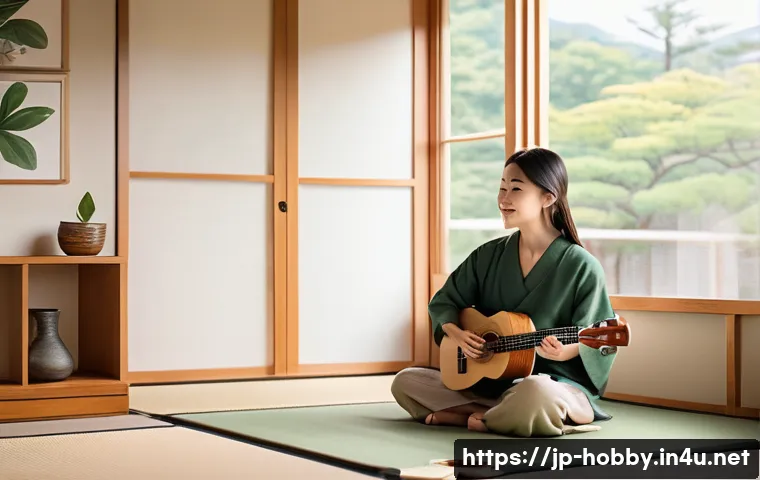 악기 취미 - A cozy modern Japanese living room with soft natural light filtering through shoji screens, featurin...