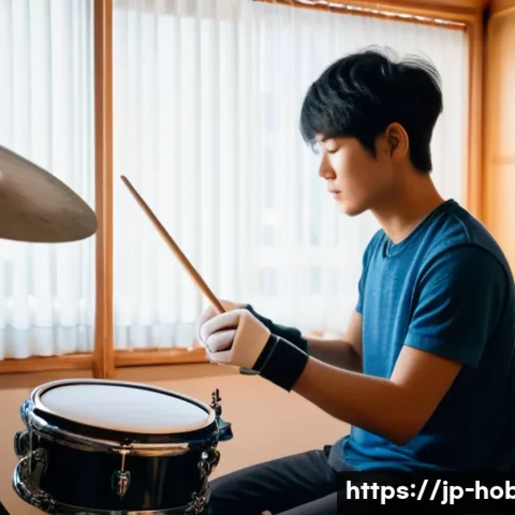 드럼 배우기 - A focused young Japanese drummer practicing with a metronome in a cozy home studio, wearing comforta...