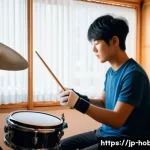 드럼 배우기 - A focused young Japanese drummer practicing with a metronome in a cozy home studio, wearing comforta...
