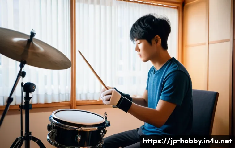 드럼 배우기 - A focused young Japanese drummer practicing with a metronome in a cozy home studio, wearing comforta...
