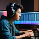음악 작곡 프로그램 - A cozy, modern home music studio scene featuring a young Japanese person comfortably seated at a sle...