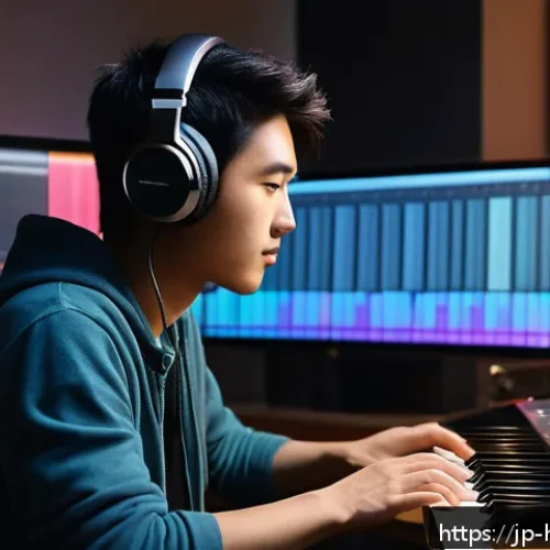 음악 작곡 프로그램 - A cozy, modern home music studio scene featuring a young Japanese person comfortably seated at a sle...