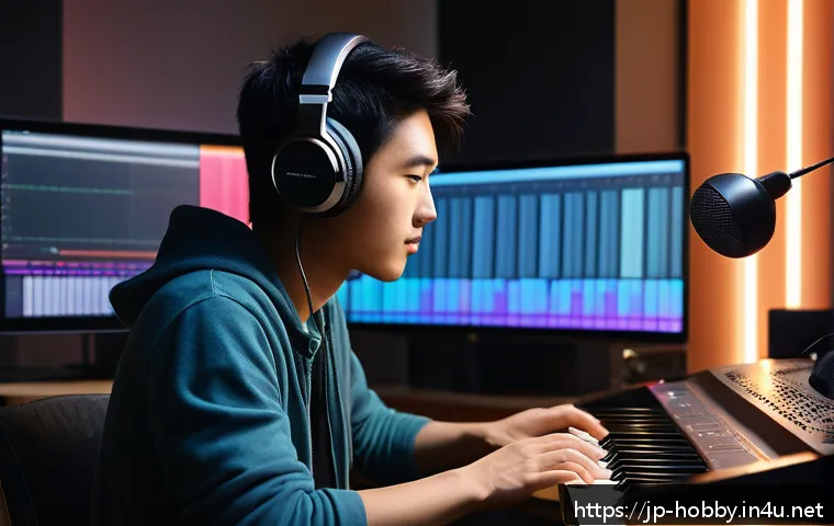 음악 작곡 프로그램 - A cozy, modern home music studio scene featuring a young Japanese person comfortably seated at a sle...