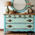 DIY 재활용 아이디어 - A bright, cozy indoor scene showing an old wooden dresser transformed with pastel-colored water-base...