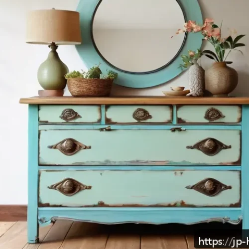 DIY 재활용 아이디어 - A bright, cozy indoor scene showing an old wooden dresser transformed with pastel-colored water-base...