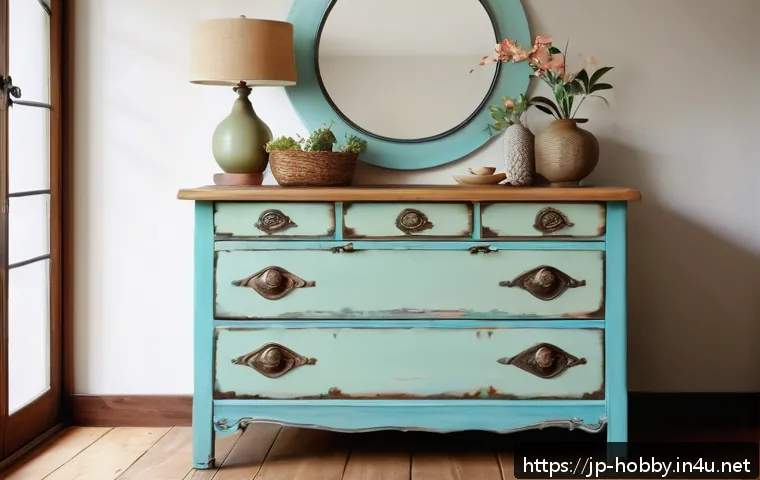 DIY 재활용 아이디어 - A bright, cozy indoor scene showing an old wooden dresser transformed with pastel-colored water-base...