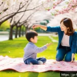 가족 여행 계획 - A cheerful family of four visiting a spacious Japanese park during spring, with cherry blossoms in f...