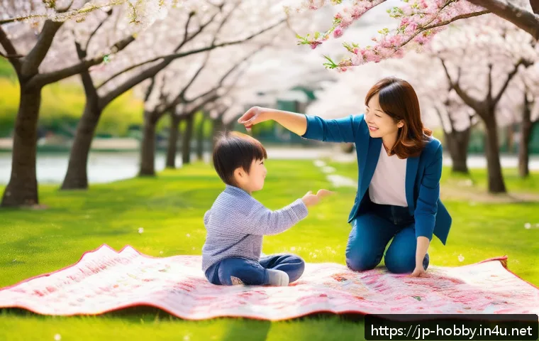 가족 여행 계획 - A cheerful family of four visiting a spacious Japanese park during spring, with cherry blossoms in f...