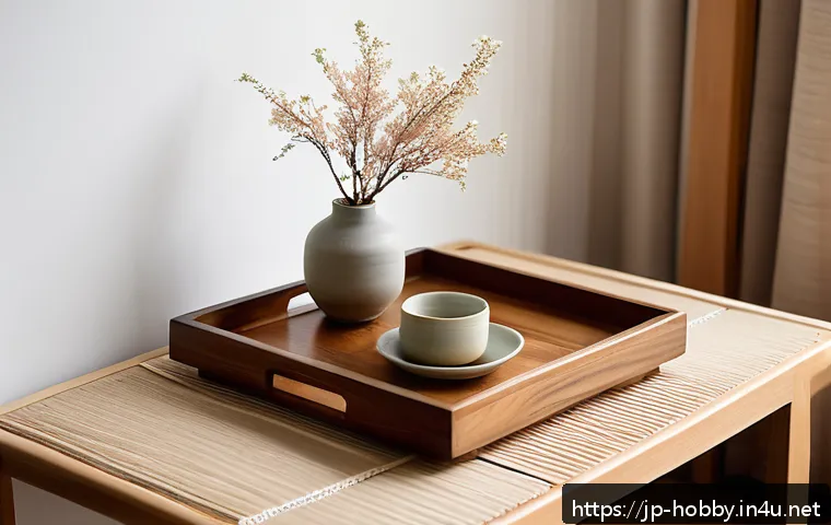 DIY 취미 - A cozy Japanese-style living room corner featuring a handmade wooden tray on a low table, softly san...