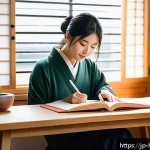 독서 기록법 - A cozy Japanese-style room with a young Japanese woman sitting at a low wooden desk, deeply engaged ...