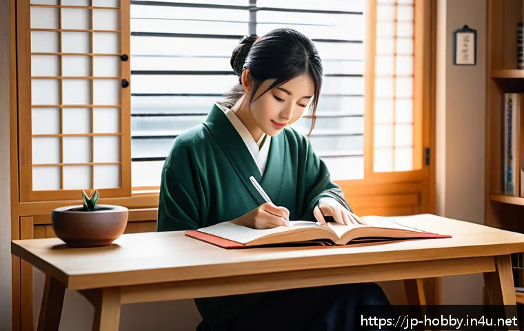 독서 기록법 - A cozy Japanese-style room with a young Japanese woman sitting at a low wooden desk, deeply engaged ...