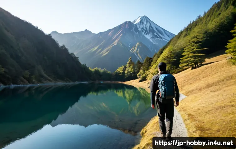 백패킹 여행지 추천 - Photorealistic backpacking destination in the Japanese Alps, a lone adult hiker wearing practical ou...