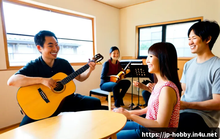 취미 음악 동호회 - Photorealistic community music club rehearsal in a bright Japanese-style neighborhood studio, divers...