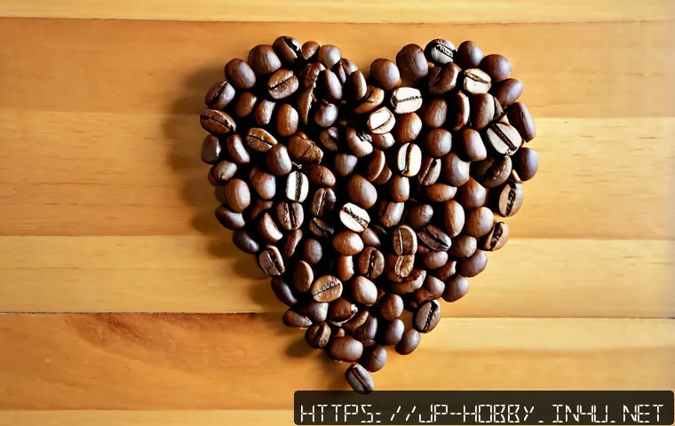 커피 콩 아트 - Photorealistic overhead view of glossy roasted coffee beans carefully arranged into a graceful heart...